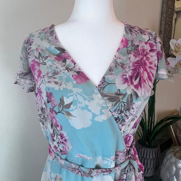 Eliza J Cascading Ruffled Floral Maxi Dress Faux Wrap Flutter Sleeve A-Line 10 - Picture 5 of 13